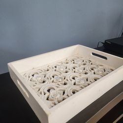 Decorative Carved Wood Tray (Rustic White)