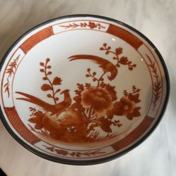 Vintage Japanese Porcelain Bowl With Pewter Rim And Exterior