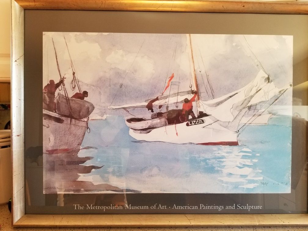 Mother's Day gift, mom seascape Large Art Poster, Fishing Boats, Key West, Winslow Homer, Framed, under glass, lithograph, sailing, Florida