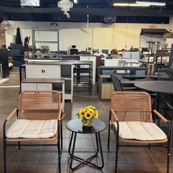 🔥Set of 3🔥This patio lounge set with cushions features an outdoor bistro style, including a round coffee table and two rope chairs. Suitable for por