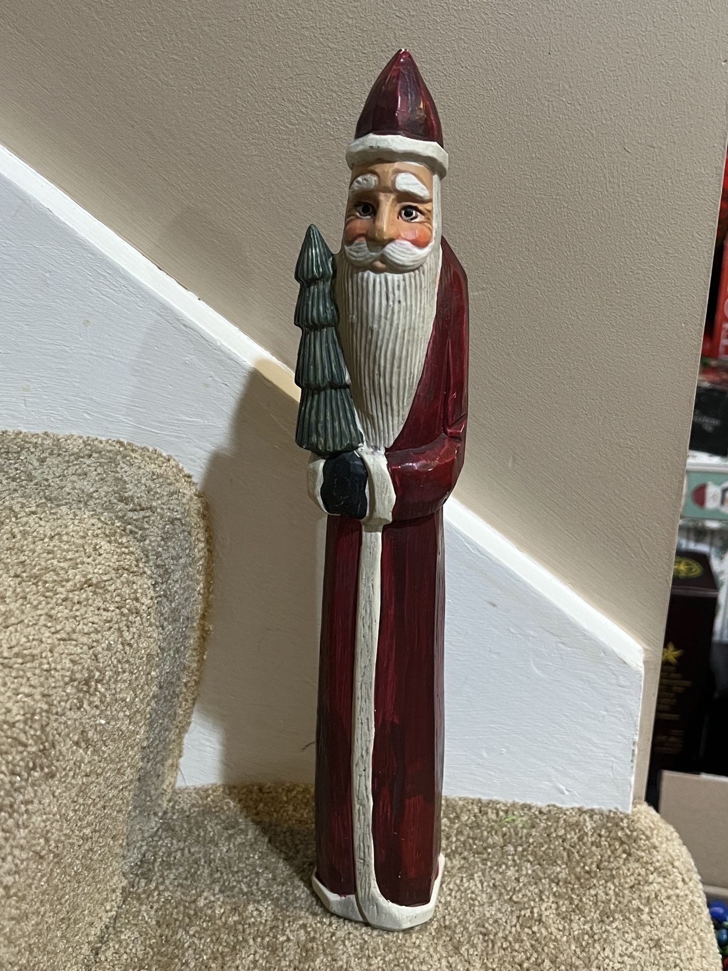 Christmas skinny Santa figure wooden carved holding tree 13” tall decor