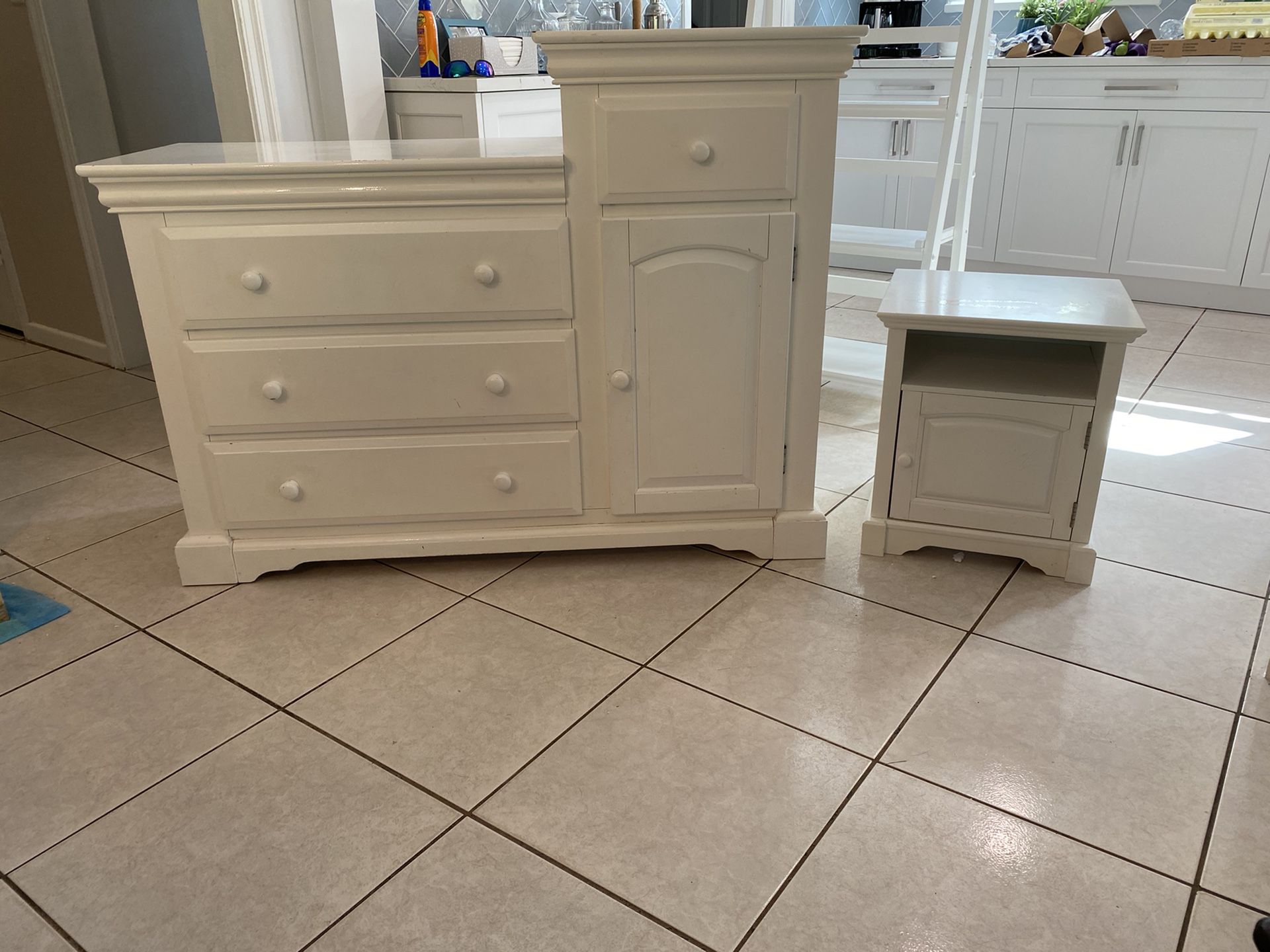 White dresser/changing table and nightstand