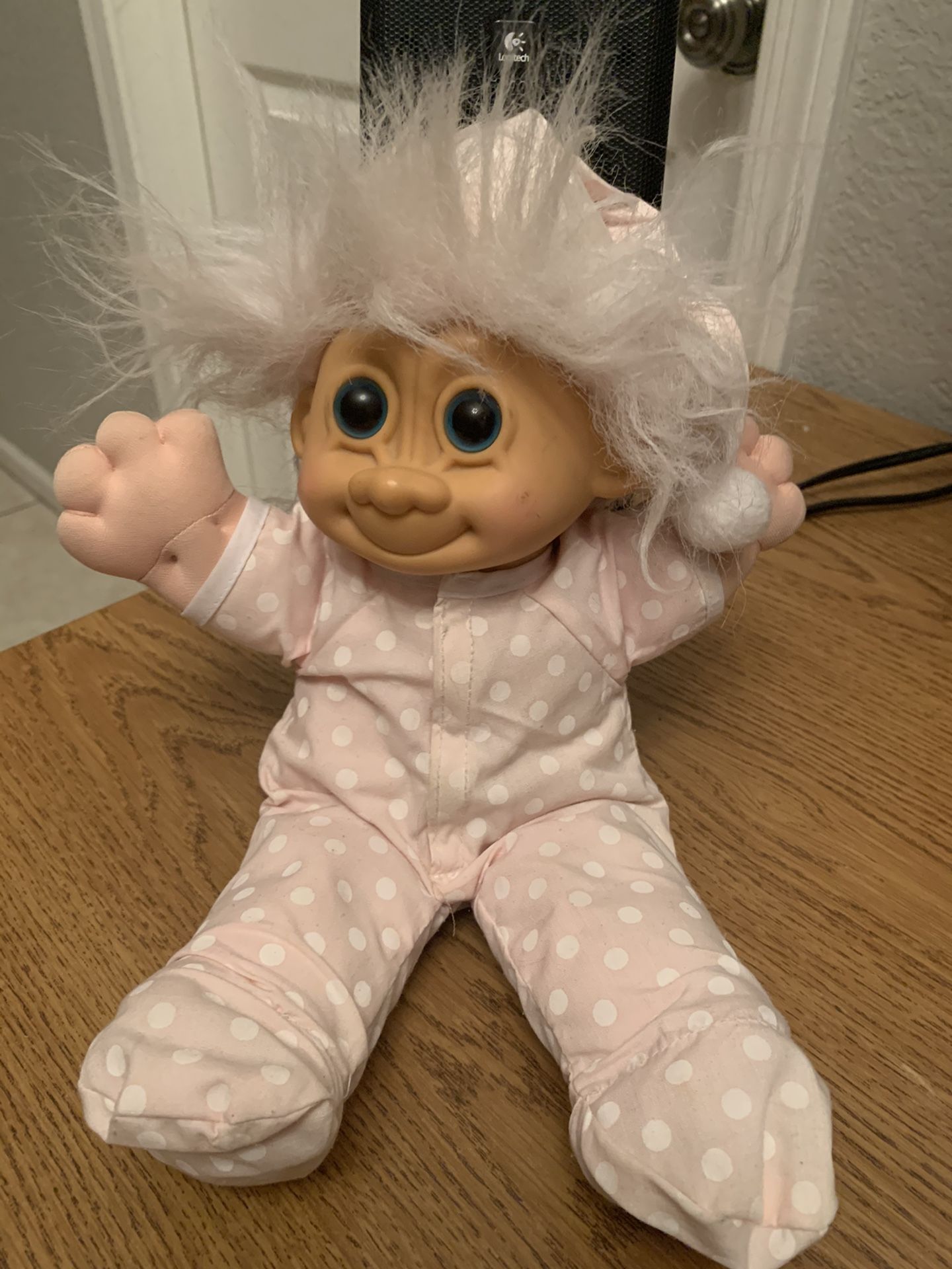 Russ Berrie White Hair Blue Eyed Troll Baby Doll Plush 12" Tall Cloth