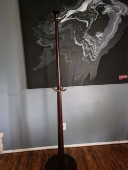 Mid-Century Wood and Brass Coat Rack Stand
