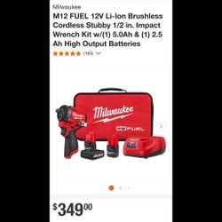 Newest model 2563-22 Milwaukee M12 FUEL 1/2 in. Stubby Impact Wrench Kit w/(1) 5.0Ah, (1)2.5 Ah High Output Batteries, Tool Bag/charger-brand new. 