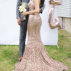 Sparkly Rose gold strapless prom dress