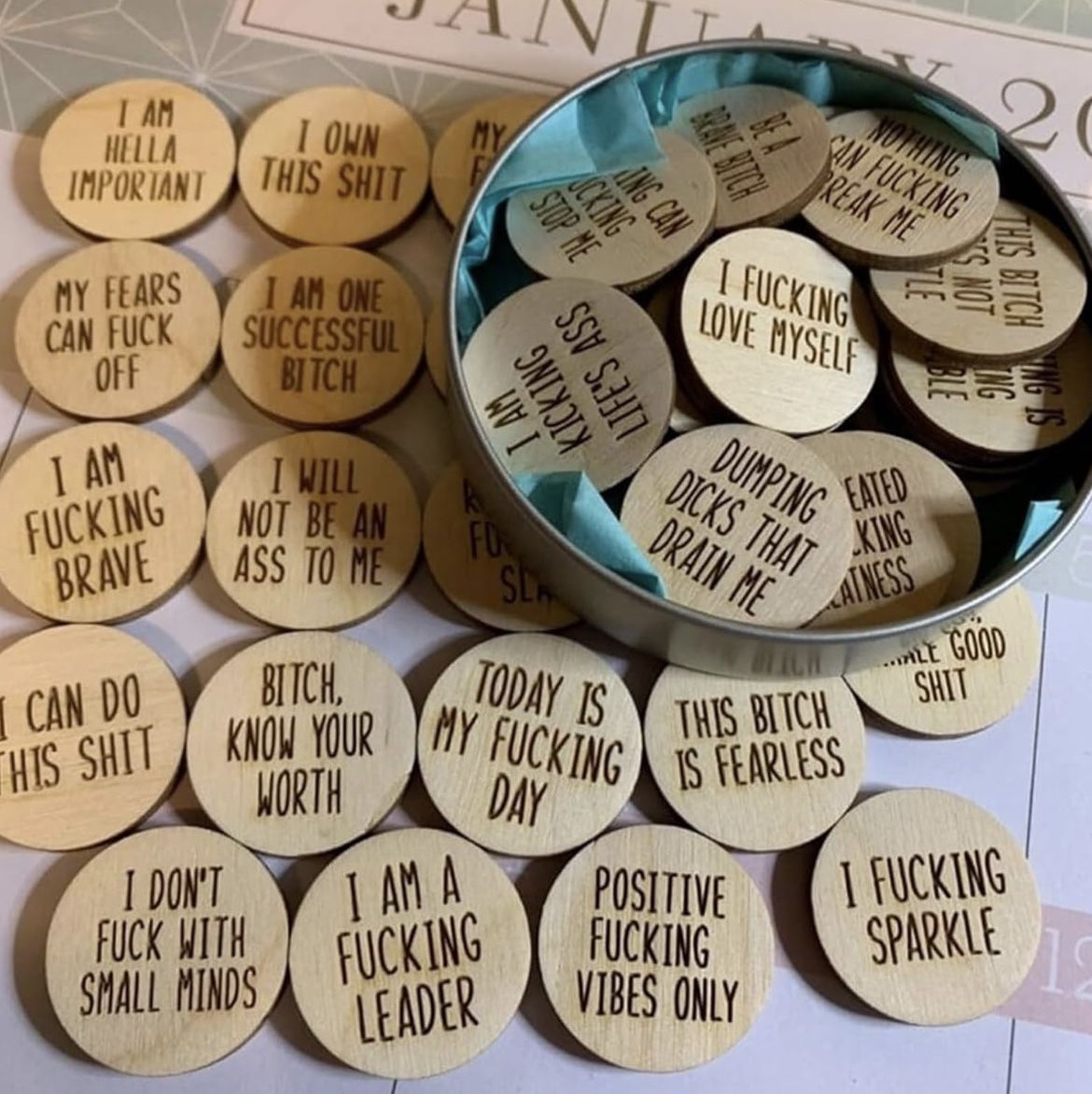 Mini Sweary Affirmation Discs in blue tin, NEW. Perfect stocking stuffer or coworker gift