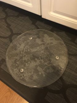 14 in Christmas platter in glass with a beautiful winter wonderland scene.