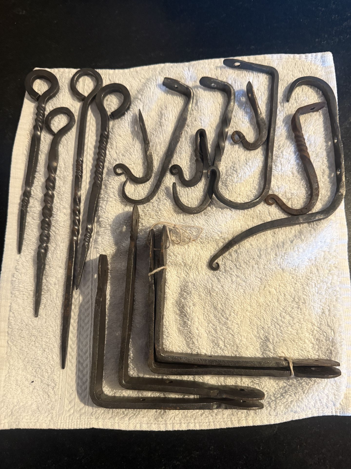 Vintage Hand Forged Hooks, Angle Brackets And Stakes 