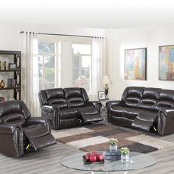 Brown Faux Leather Sofa Set With Power Recliner 