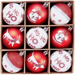 DecorbyHannah 9ct 60mm Red and White Christmas Ornaments, Shatterproof Pet Dog Themed