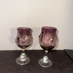 Pair Vintage 1987 Kyle Gribskov Signed Amethyst Purple Handblown Glass Goblets