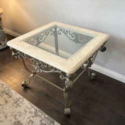 Side / End Table, Metal / Stone W/ Glass Top