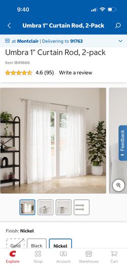 Umbra Cappa 1” Curtain Rod Set of 2 36-72” Nickel NEW 