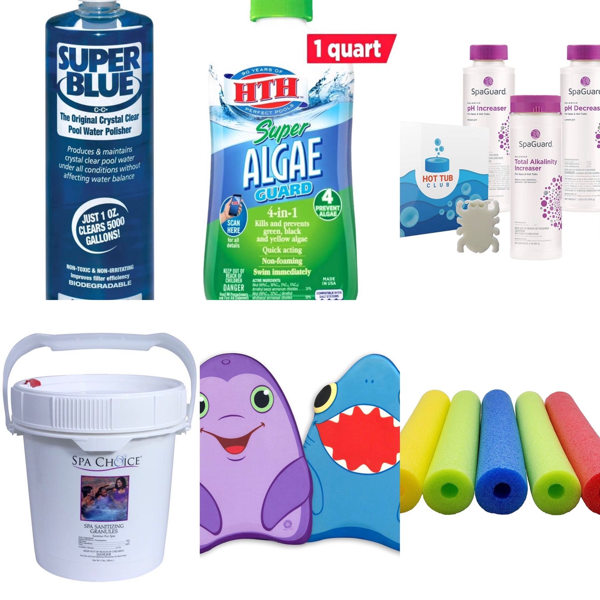 Pool chemicals and pool toys (chlorine, increase, decrease, algecide)