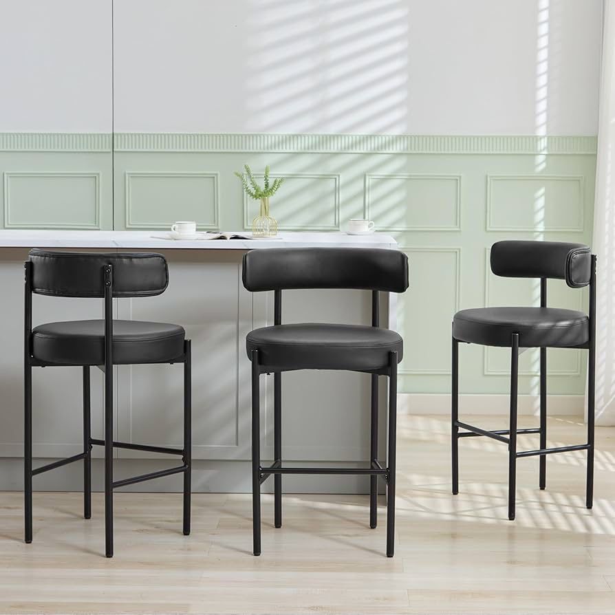 Bar Height Stools, 28'' Black Bar Stools Set of 3, Faux Leather - Main Image