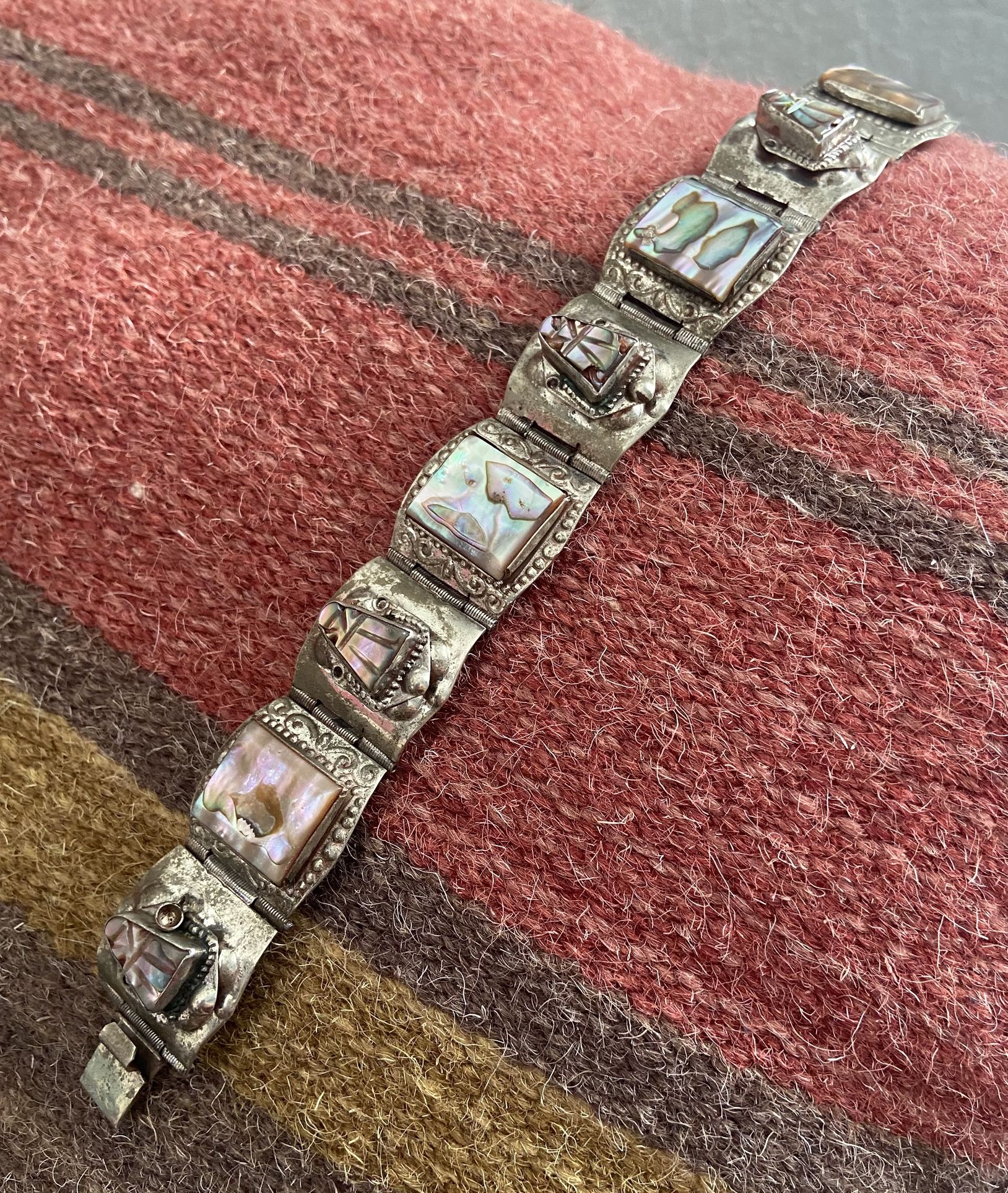 Vintage Mexican Silver Stamped AR Pearl Bracelet 