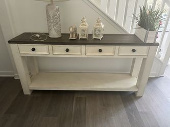 Solid Wood Farmhouse Console Table + End Tables + TV Stand Set (Cream & Dark Wood)