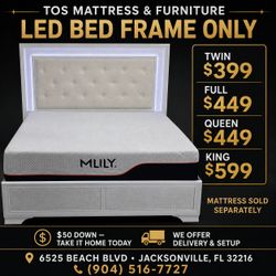 White LED Upholstered Bed Frame 🚚WE DELIVER🚚
