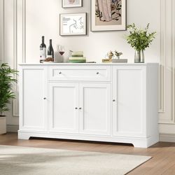 Kitchen Sideboard Buffet with Drawer, Pantry Cabinet with Internal Hidden Shelves, White