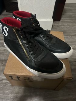 GUESS Men’s Black High Top Sneakers Side Zip White Sole Red Interior Size 12