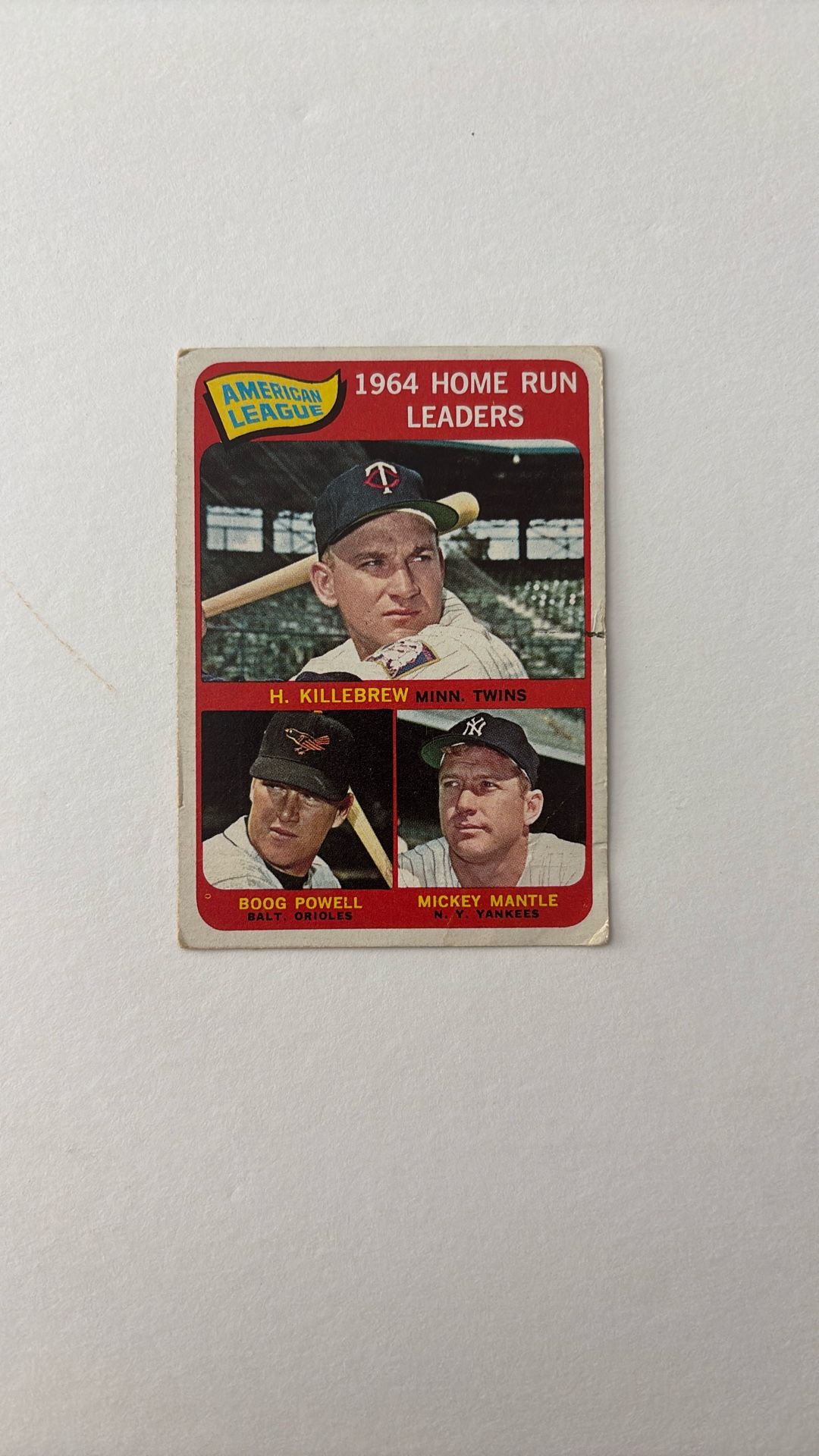 1965 Topps Baseball Card 1964 American League Home Run Leaders #3 Mickey Mantle Killebrew Powell