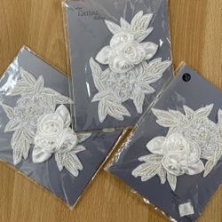 3 Pcs Lace 3DEmbroidery Pearl Rosette Sew-on Appliqué Fabric Sewing Trim For Wedding Dress Decor 