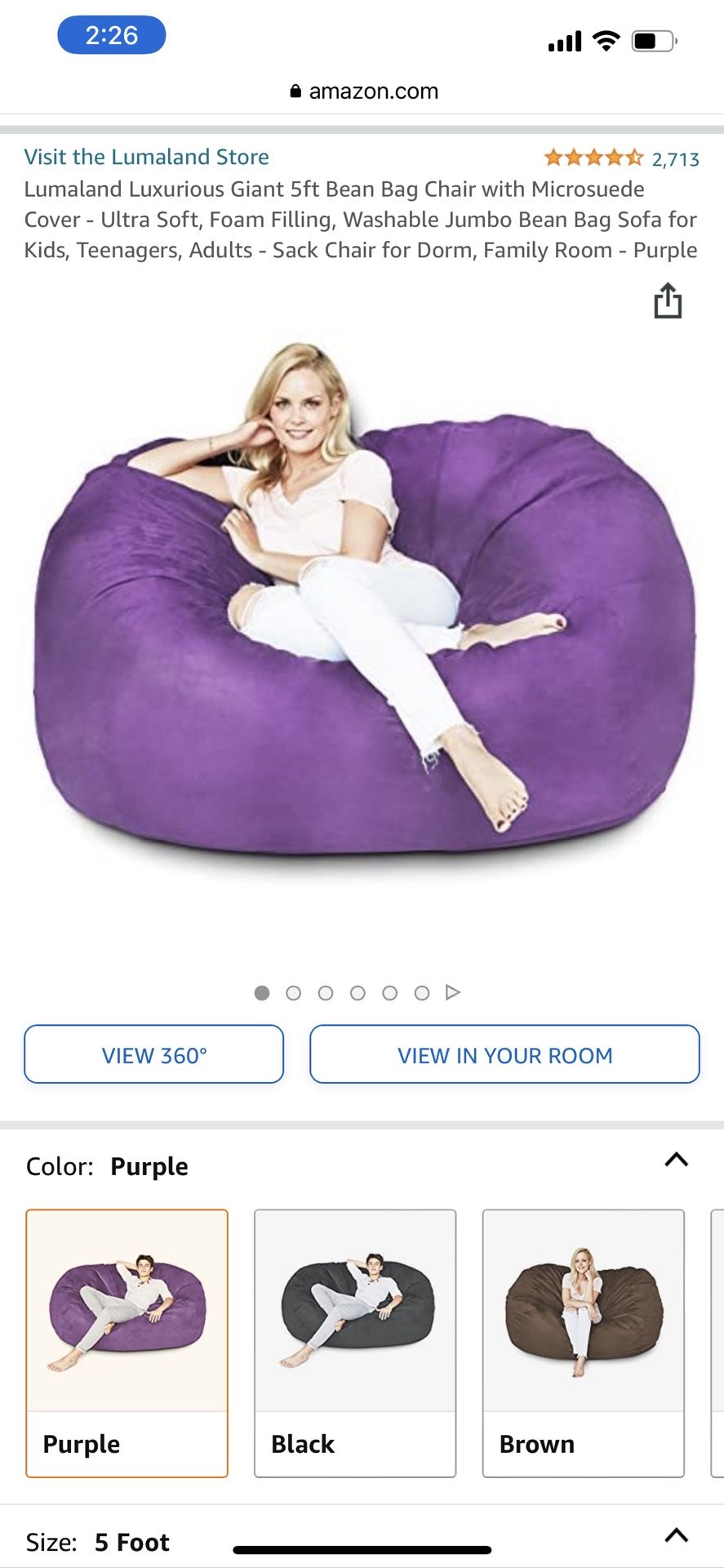 Lumaland Luxurious Giant 5ft Bean Bag Chair with Microsuede Cover - Ultra Soft, Foam Filling, Washable Jumbo Bean Bag Sofa for Kids, Teenagers, Adults