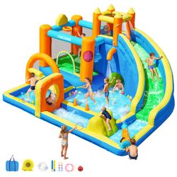 FINCOME Inflatable Bounce House with Water Slide, Kids Bouncy Castle with 480W Blower -Brand New