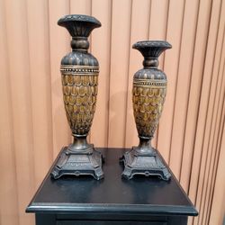 Set of two antique-style table candlesticks. They also function as lamps. Bed Bath & Beyond Brown and Gold Polyresin Candlesticks.