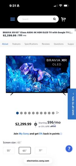 BRAVIA XR 65” Class A80K 4K HDR OLED TV with Google TV
