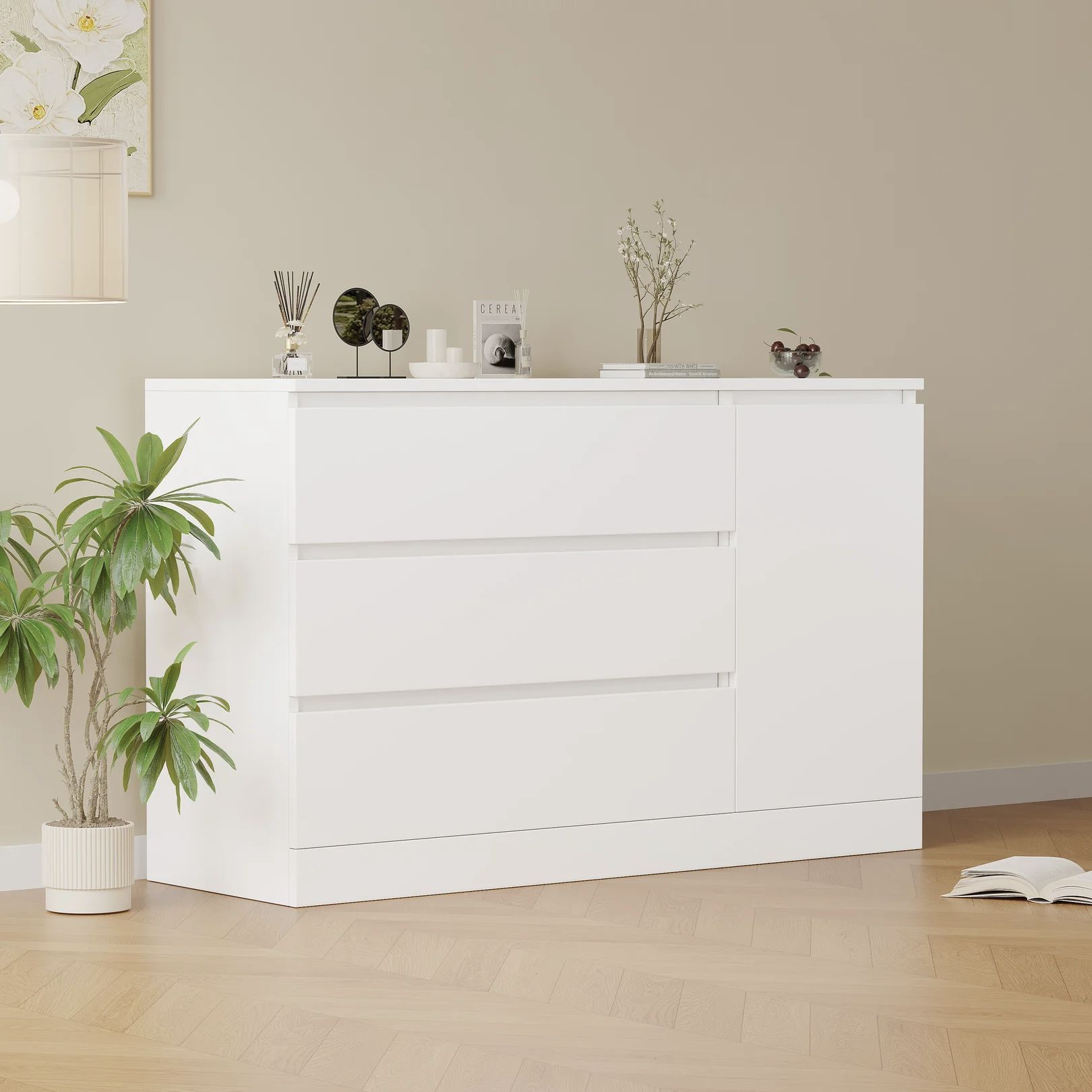 Homy Casa · Neve 47″ Modern White Storage Cabinet · Hidden Drawers