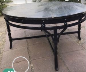 Unique, chocolate brown/black coffee table, sturdy metal legs & wooden tabletop