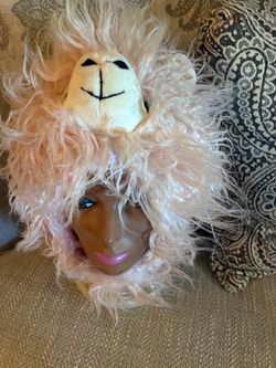Llama Beanie Hat with Long Ear Flaps Pink with Purple Eyes