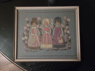 Framed Embroidery Needlework Three Women Floral