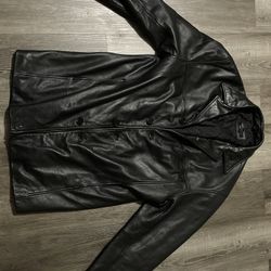  Colebrook Black Leather Utility Jacket Size L Trench Coat Insulated Mens Button