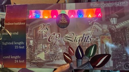 Enchanted Forest 25-count C9 multicolor Christmas lights, 23 ft illuminated / 24 ft cord, indoor/outdoor.