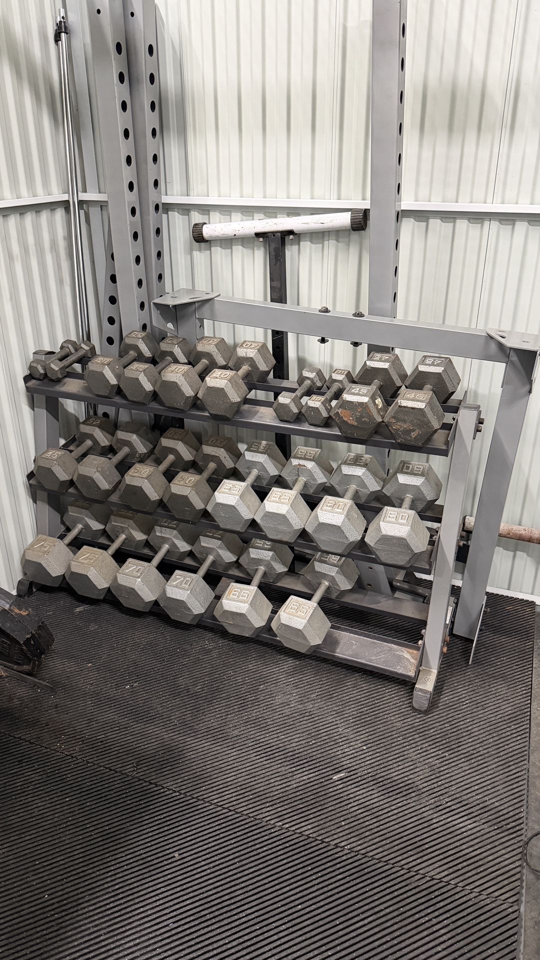 Body-Solid Hex Dumbbell Set 5–75 lb with 3-Tier Rack – 1100 lb Total