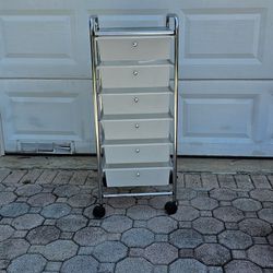 Large 6-Drawer Storage Bin Organizer Cart, Frosted White With Wheels 
