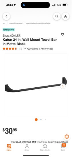 Kohler Katun 24 in. Wall Mount Towel Bar in Matte Black