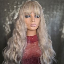 26" Blonde  Synthetic Hair Wig With  Bangs Wavy  