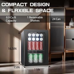 Compact 24 Can/0.9 Cu.Ft Mini Fridge For Soda, Drink,Beer Or Wine, Portable Quiet Small Beverage Refrigerator Cooler With Removable Shelves&Manual Tem