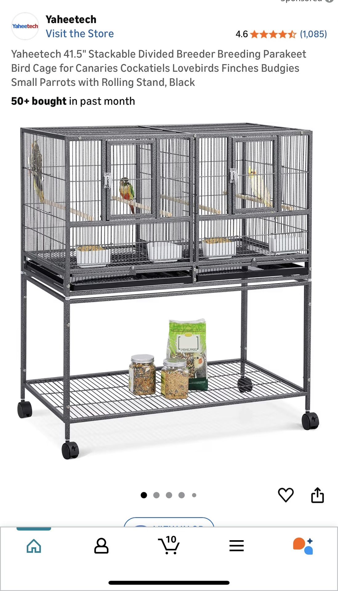 41.5" Stackable Divided Breeder Breeding Parakeet Bird Cage for Canaries Cockatiels Lovebirds Finches Budgies Small Parrots with Rolling Stand, Black