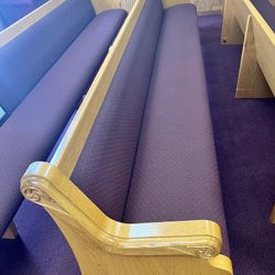 Church Pews (18 Avail) – Solid Oak w/ Burgundy Cushions | Pickup Only