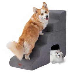 Gray Curved Dog Stairs Ramp for High Beds 28.7" H, 5-Step Dog Steps for Small Dogs and Cats, Pet Stairs for High Bed Climbing, Non-Slip Balanced Pet S