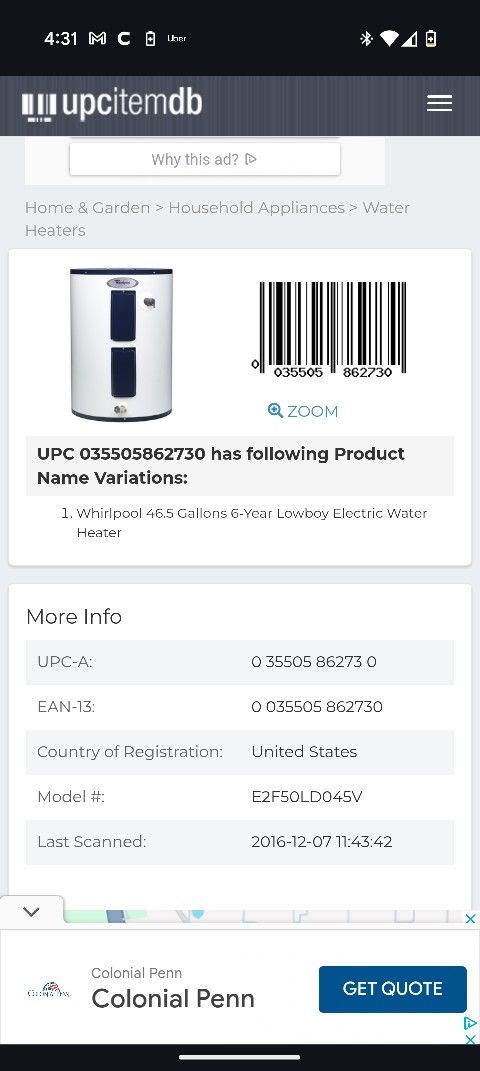 Whirlpool 46.5 Gallons Lowboy Electric Water Heater