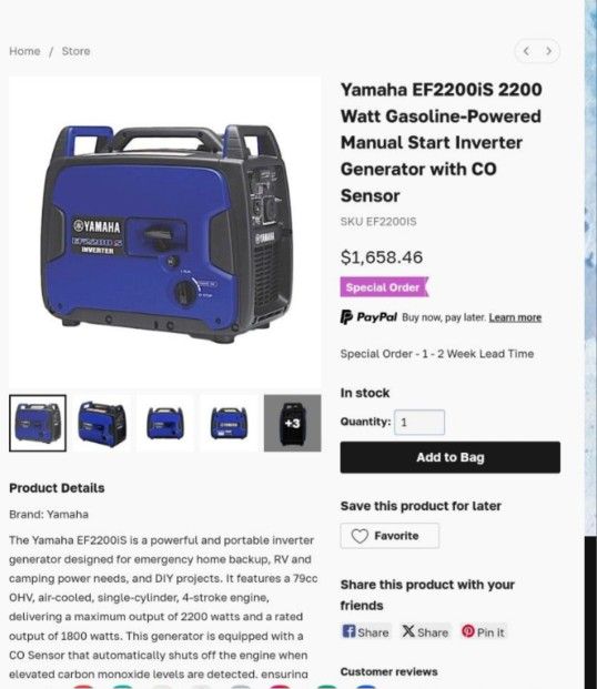 Yamaha Generator- EF2200iS Inverter