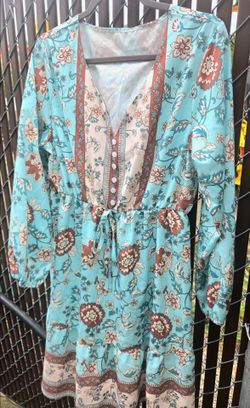 Boho Floral V-Neck Mini Dress Teal Rust Orange 3/4 Sleeve - Size XL