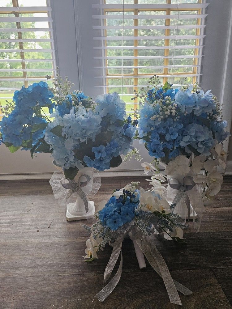 Blue Hydrangea And Orchid Wedding Flowers And Bouquet