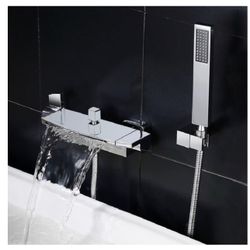 Contemporary Wall Mount Waterfall 2-Handle Chrome Bathtub Filler Faucet with Hand..
